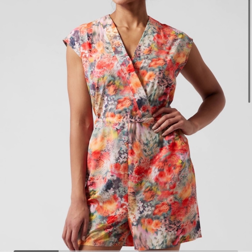 Athleta Marlow Romper Renewed Bloom Pink‎ Floral Attached Waist Tie